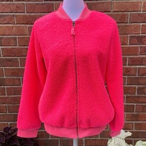 Neon Pink Fuzzy Girls Bomber Jacket with Gold Details
